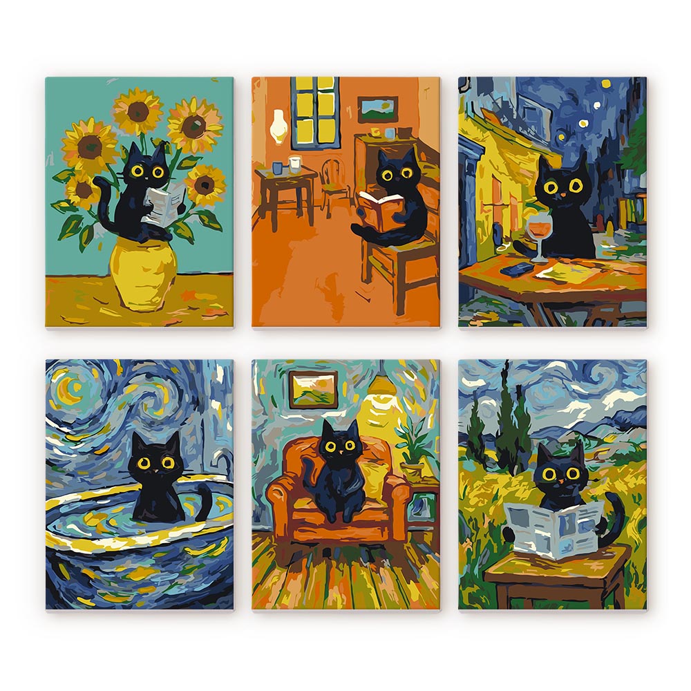 Mini pintura por números 15x20cm (6 piezas) - Gato estilo Van Gogh