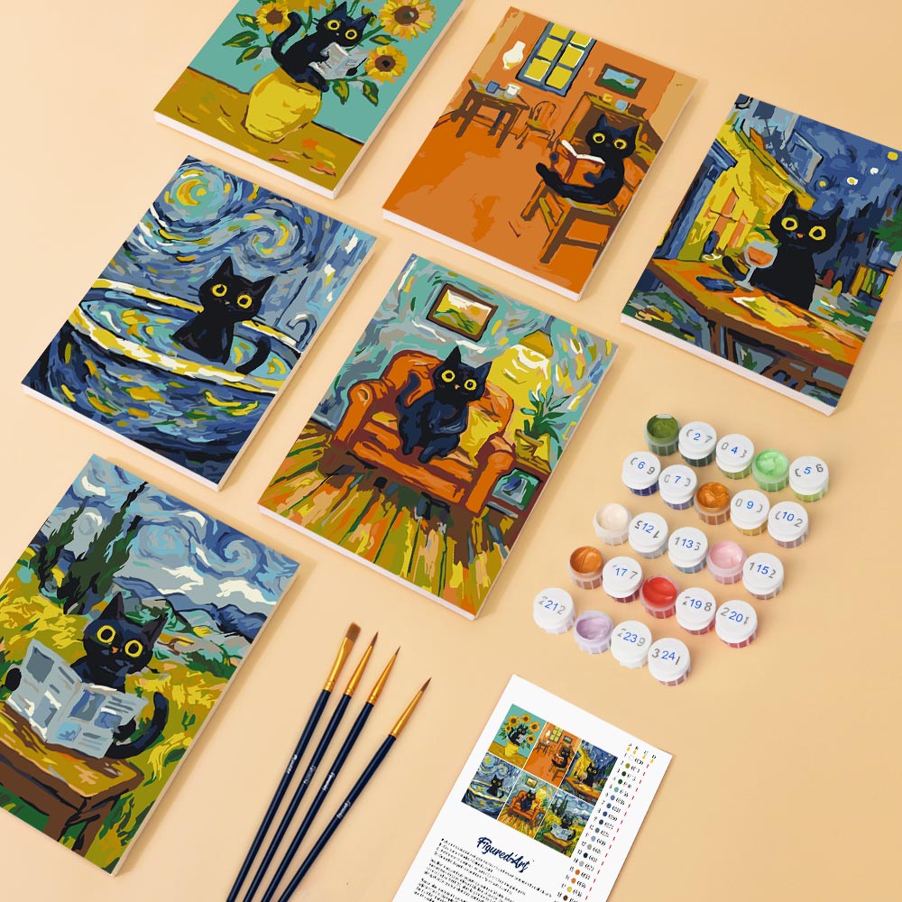 Mini pintura por números 15x20cm (6 piezas) - Gato estilo Van Gogh