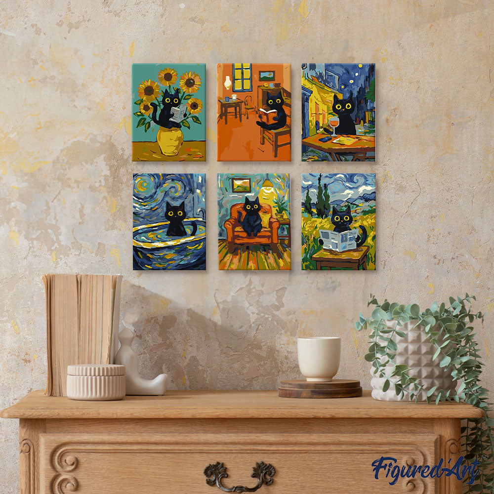 Mini pintura por números 15x20cm (6 piezas) - Gato estilo Van Gogh