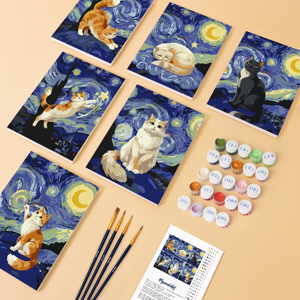 Mini pintura por números 15x20 cm (6 piezas) - Gatos noche estrellada