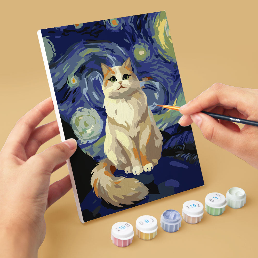 Mini pintura por números 15x20 cm (6 piezas) - Gatos noche estrellada