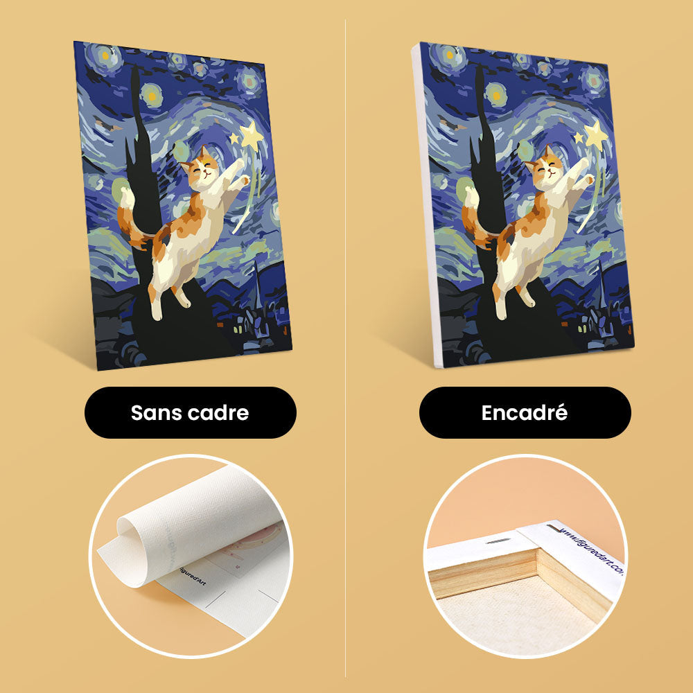 Mini pintura por números 15x20 cm (6 piezas) - Gatos noche estrellada