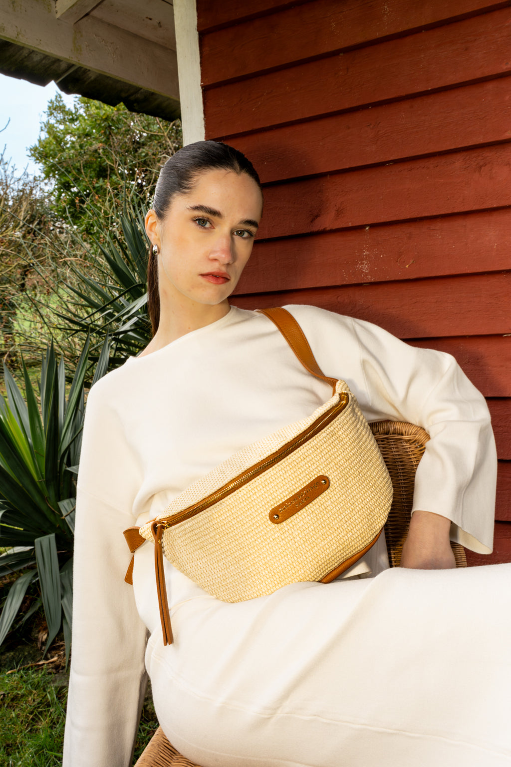 Rachel Straw Belt Bag - Camel