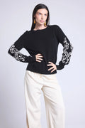 Jersey de cuello redondo con bordado en mangas Micha - Negro blanco - Mujer