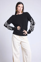 Jersey de cuello redondo con bordado en mangas Micha - Negro blanco - Mujer