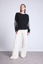 Jersey de cuello redondo con bordado en mangas Micha - Negro blanco - Mujer