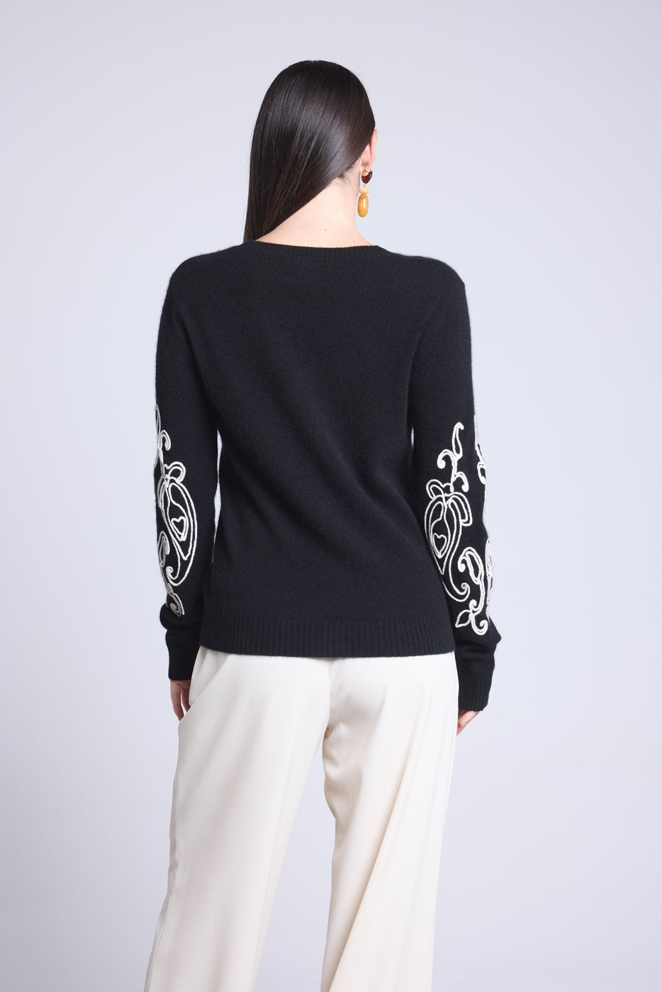 Jersey de cuello redondo con bordado en mangas Micha - Negro blanco - Mujer