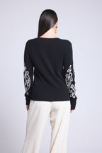 Jersey de cuello redondo con bordado en mangas Micha - Negro blanco - Mujer