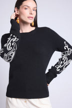 Jersey de cuello redondo con bordado en mangas Micha - Negro blanco - Mujer