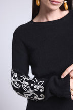 Jersey de cuello redondo con bordado en mangas Micha - Negro blanco - Mujer