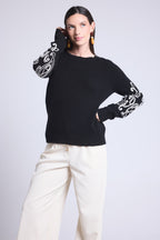 Jersey de cuello redondo con bordado en mangas Micha - Negro blanco - Mujer