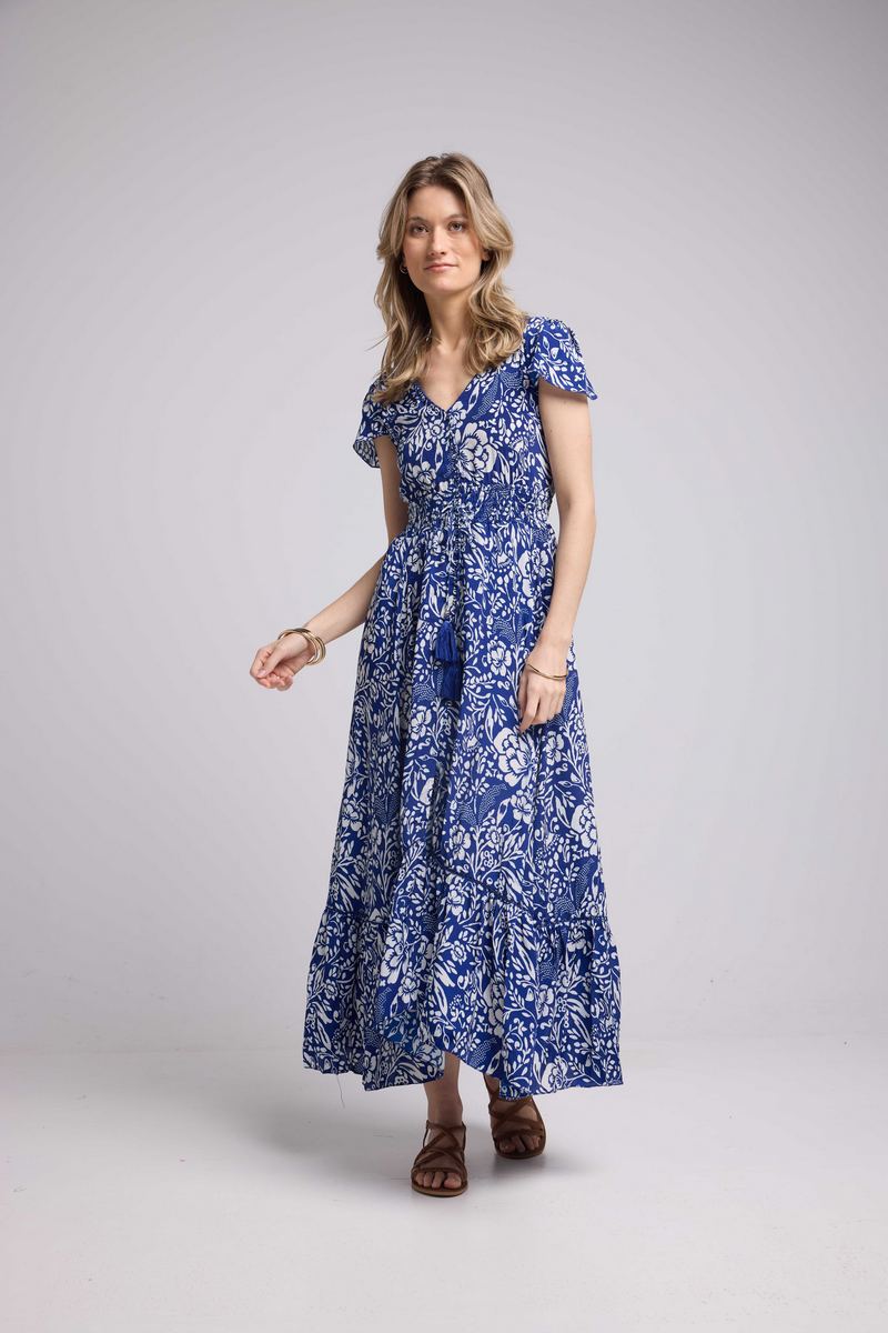 Vestido largo de manga corta - Blanco Azul