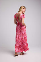 Robe Longue Manches Courtes - Fleurs Rose Rouge