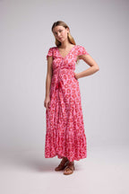 Robe Longue Manches Courtes - Fleurs Rose Rouge