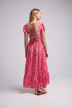 Robe Longue Manches Courtes - Fleurs Rose Rouge