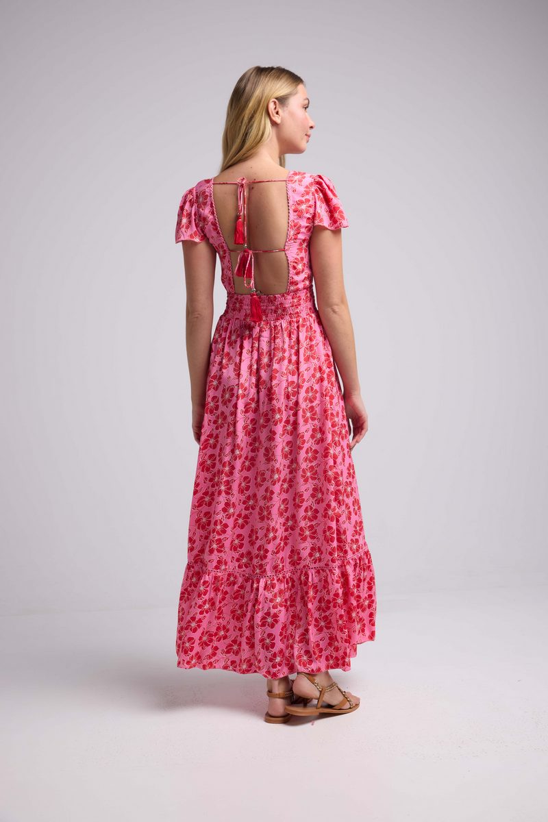 Robe Longue Manches Courtes - Fleurs Rose Rouge