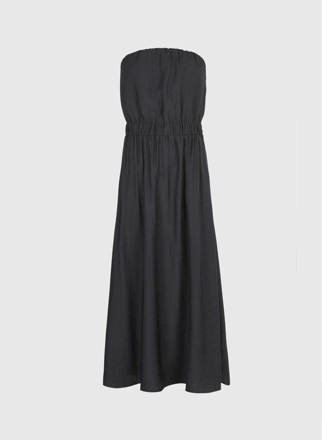 An'ge – Robe Longue Miliko Carbone, black strapless maxi dress with elasticated waist, front view