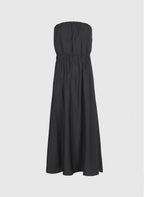 An'ge – Robe Longue Miliko Carbone, black strapless maxi dress with elasticated waist, front view