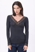 T-Shirt Col V Dentelle Milo - Noir - Femme