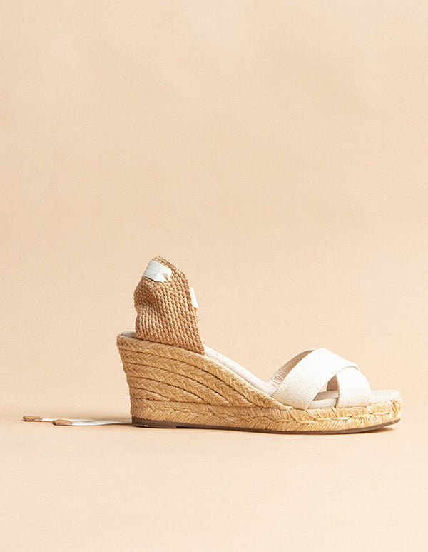 Menorca Ribbon Mid-Heel Espadrilles - Cream Canvas - Women