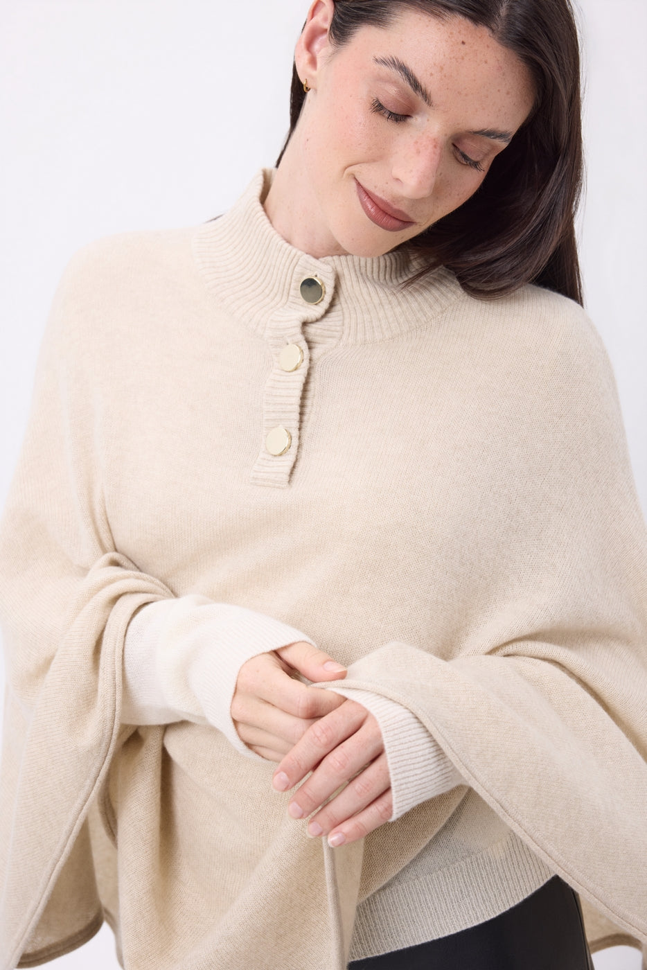 Poncho Cape Boutons Dores Miranda - Beige Creme - Femme