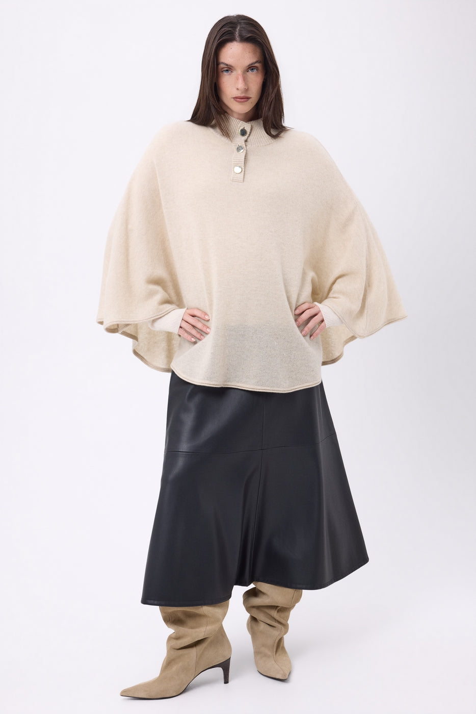 Poncho Cape Boutons Dores Miranda - Beige Creme - Femme