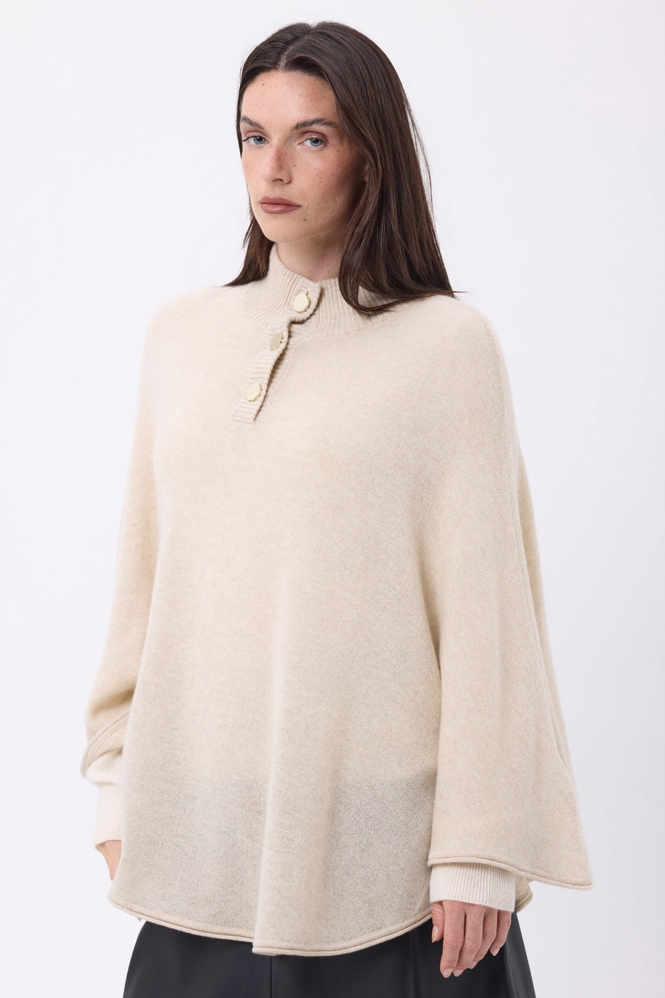 Poncho Cape Boutons Dores Miranda - Beige Creme - Femme