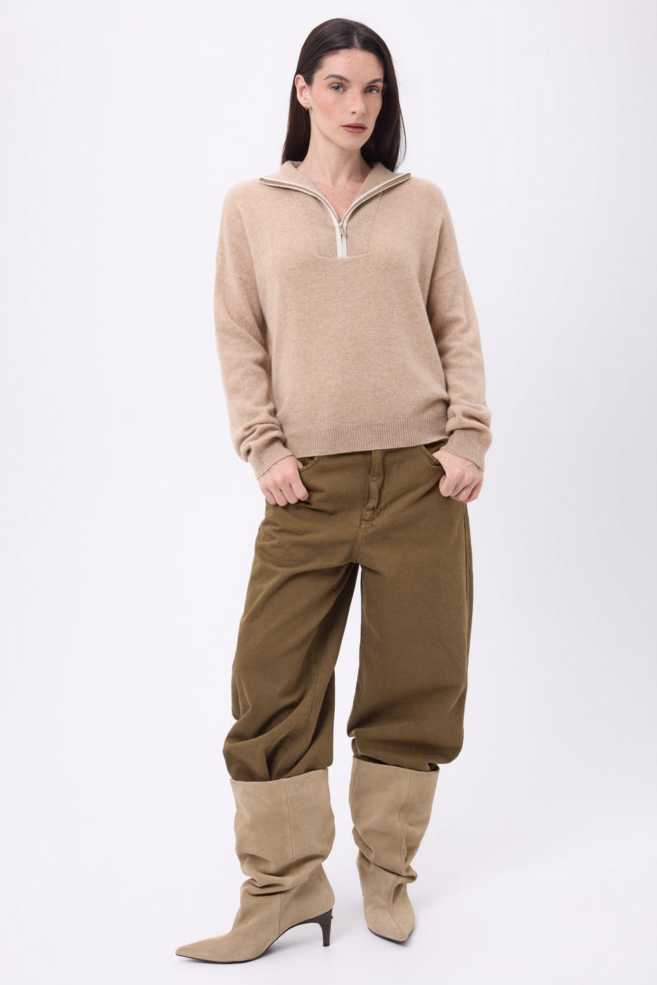 Pull Col Montant Zippé À Liseret Miska - Beige Creme Blanc - Femme