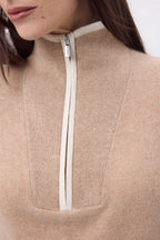 Pull Col Montant Zippé À Liseret Miska - Beige Creme Blanc - Femme