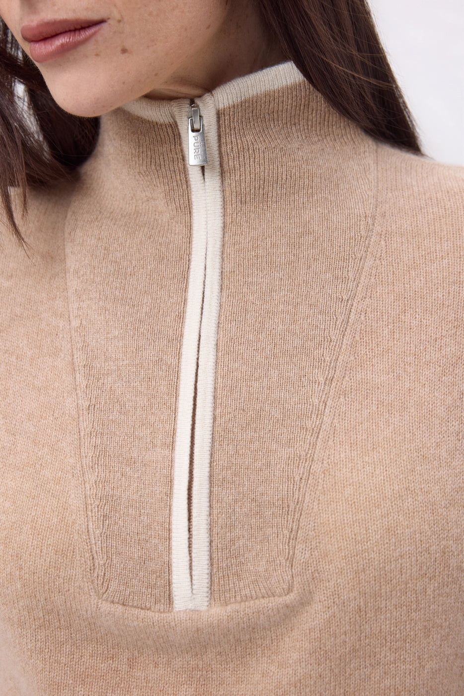 Pull Col Montant Zippé À Liseret Miska - Beige Creme Blanc - Femme