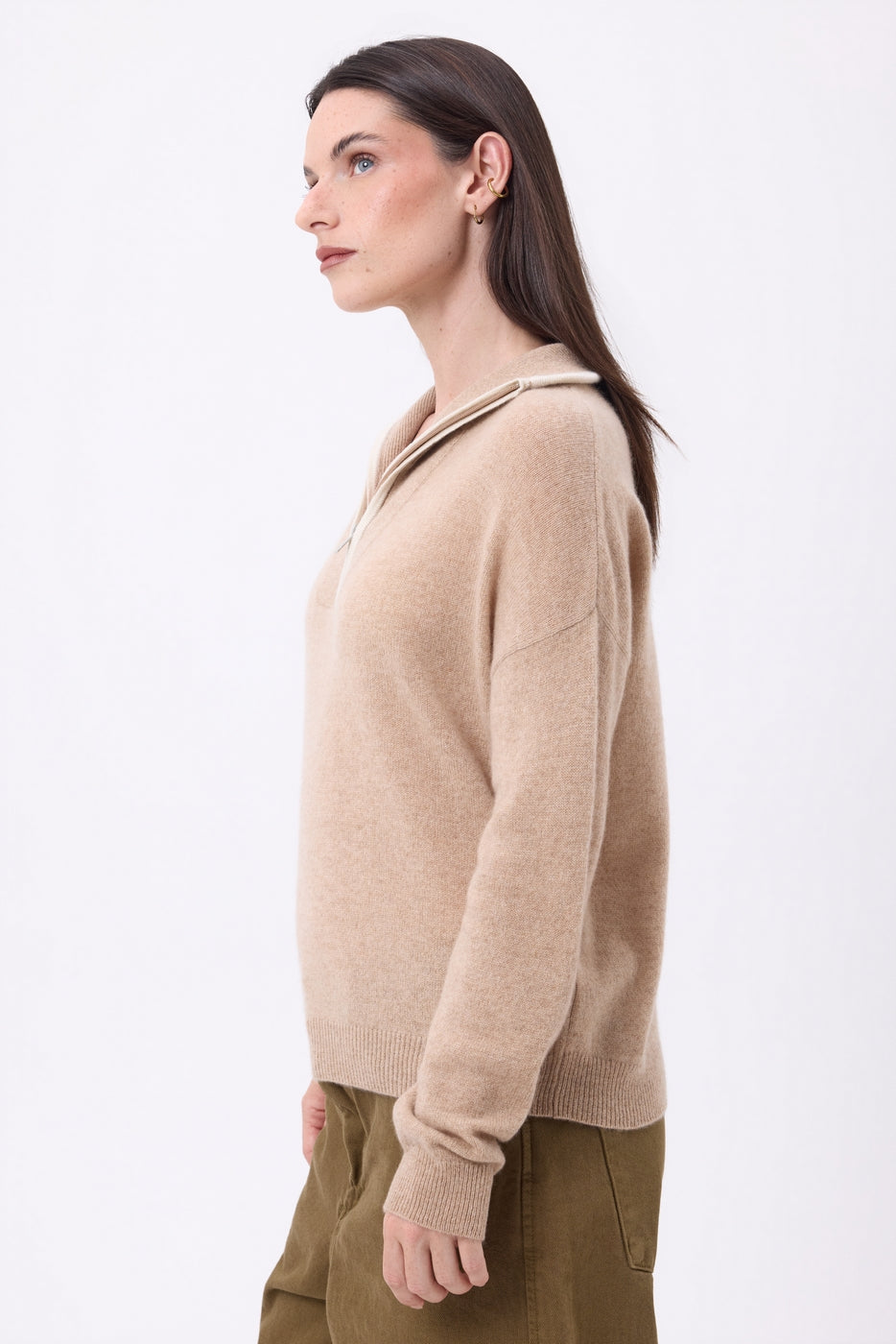 Pull Col Montant Zippé À Liseret Miska - Beige Creme Blanc - Femme