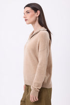 Pull Col Montant Zippé À Liseret Miska - Beige Creme Blanc - Femme