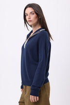 Jersey de cuello alto con cremallera y ribete Miska - Azul marino blanco - Mujer
