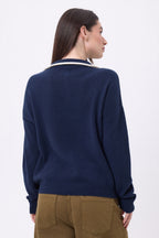 Jersey de cuello alto con cremallera y ribete Miska - Azul marino blanco - Mujer