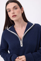 Jersey de cuello alto con cremallera y ribete Miska - Azul marino blanco - Mujer