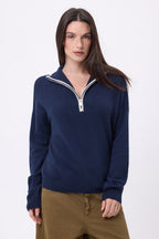 Jersey de cuello alto con cremallera y ribete Miska - Azul marino blanco - Mujer