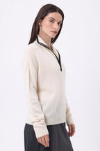 Pull Col Montant Zippé À Liseret Miska - Blanc Noir - Femme
