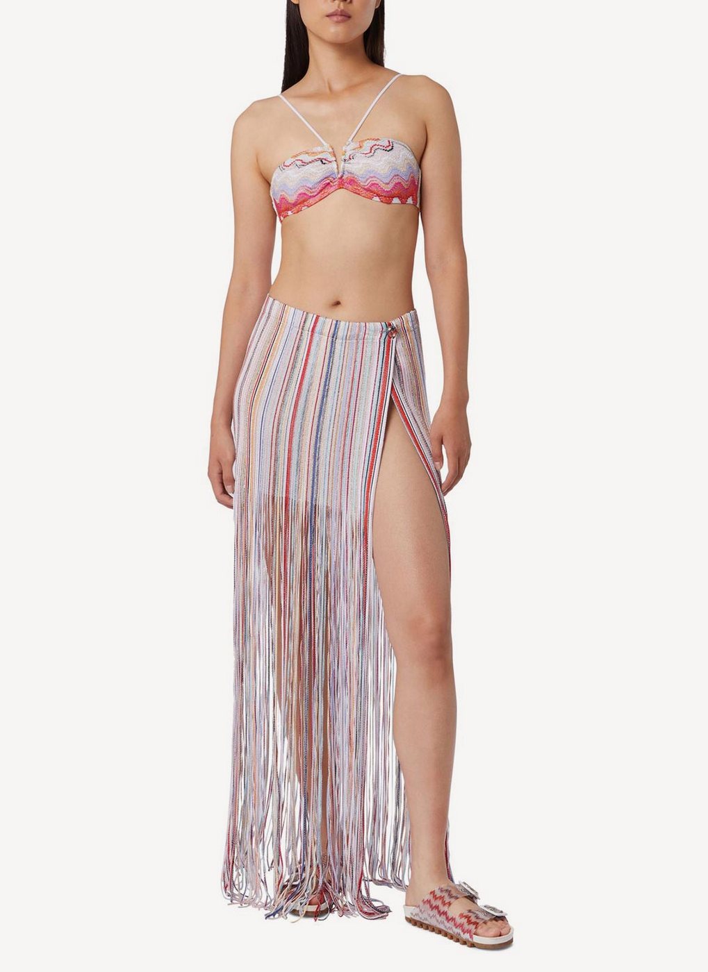 Falda Larga con Efecto Pareo y Flecos - White E Multi Stripes