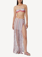 Falda Larga con Efecto Pareo y Flecos - White E Multi Stripes