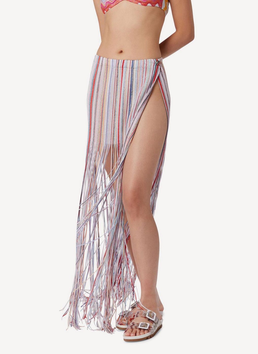 Falda Larga con Efecto Pareo y Flecos - White E Multi Stripes