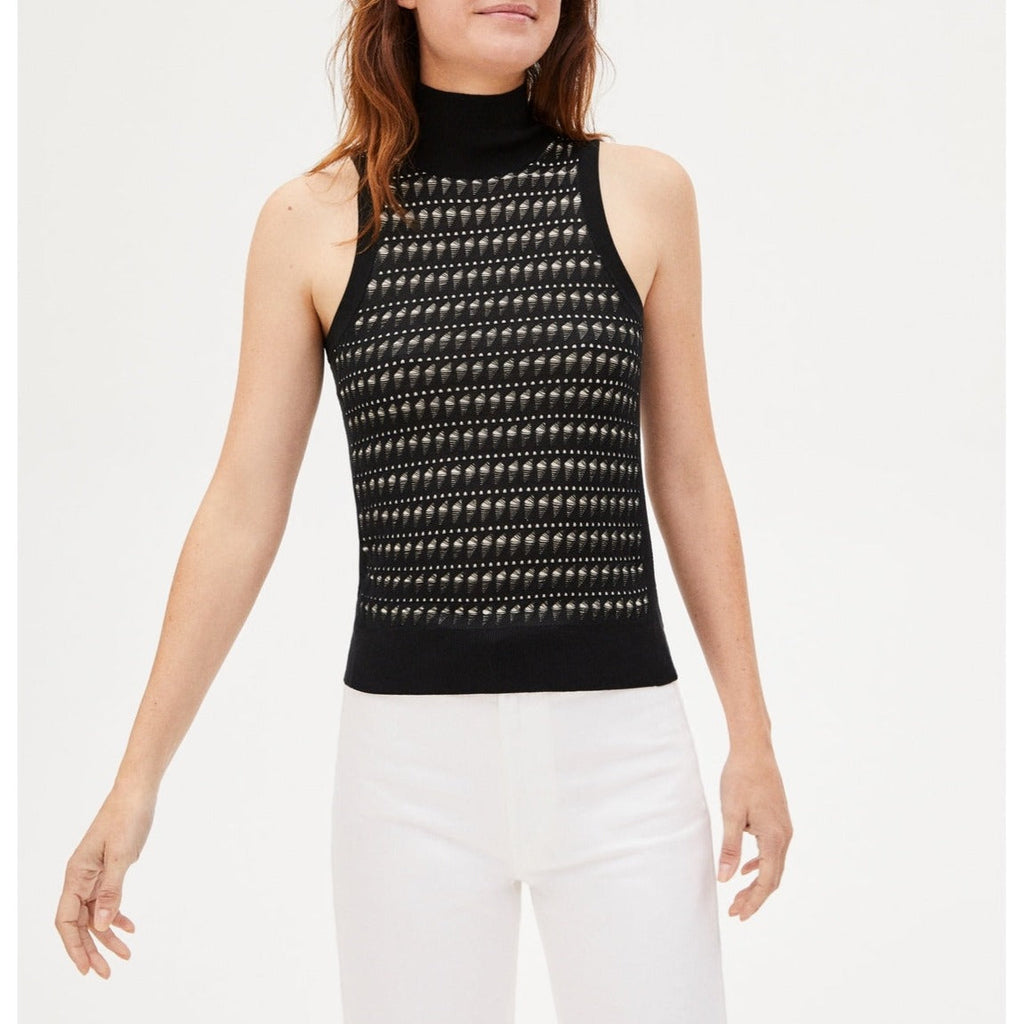 Jersey Cuello Alto Sin Mangas Calado En Seda - Negro Y Natural - Mujer
