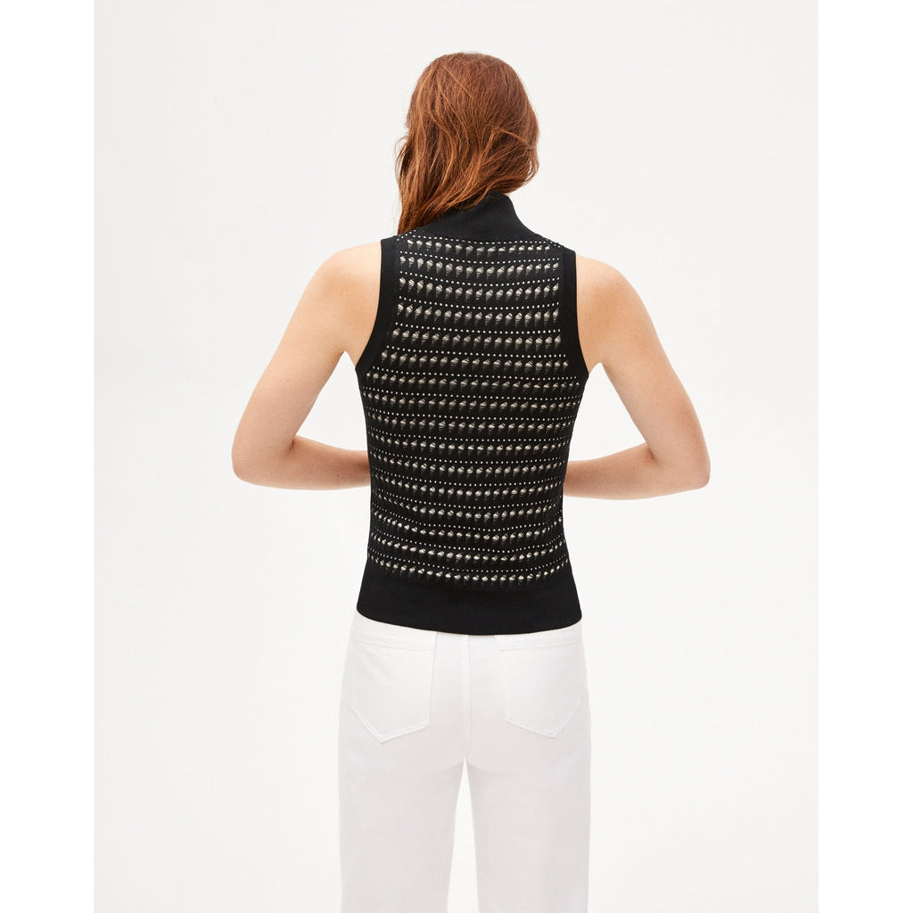 Jersey Cuello Alto Sin Mangas Calado En Seda - Negro Y Natural - Mujer