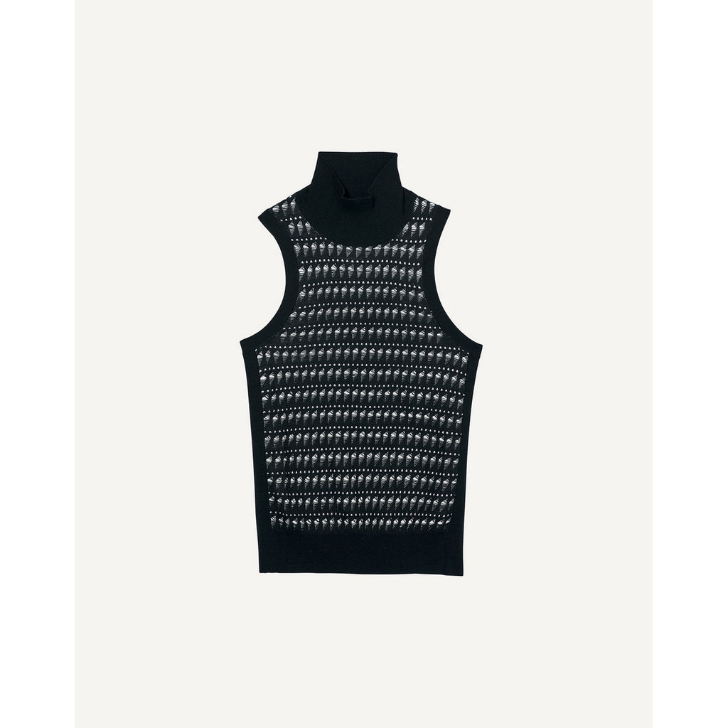 Jersey Cuello Alto Sin Mangas Calado En Seda - Negro Y Natural - Mujer