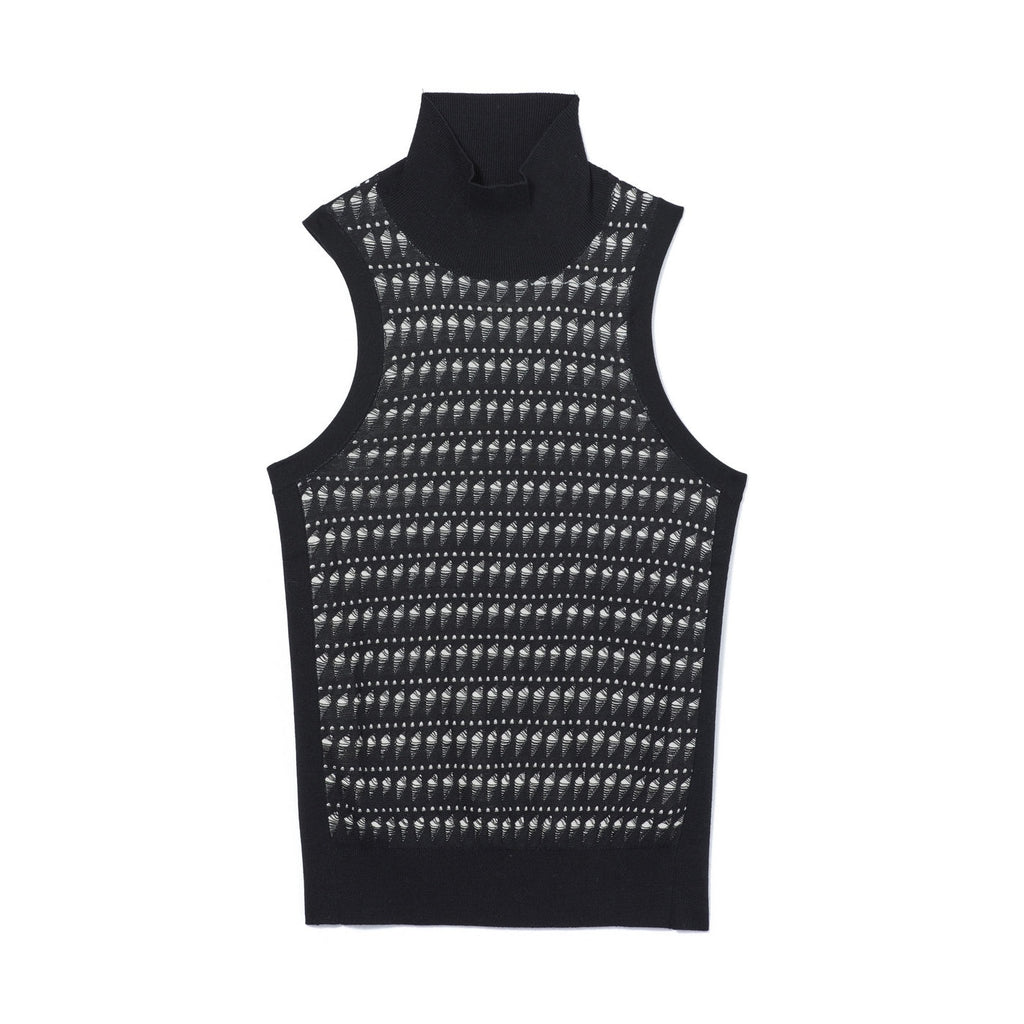 Jersey Cuello Alto Sin Mangas Calado En Seda - Negro Y Natural - Mujer