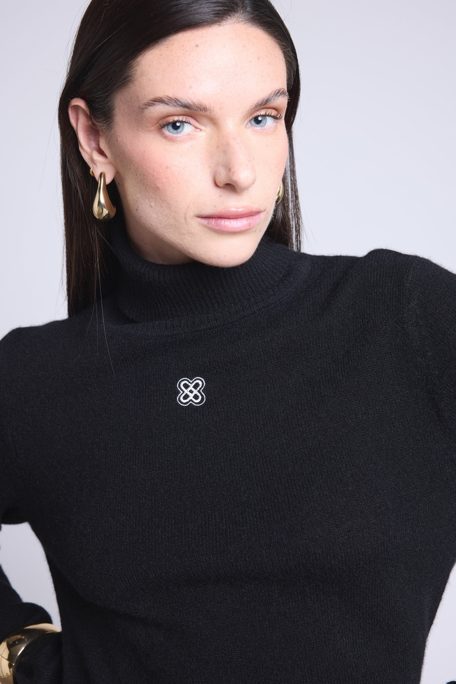 Jersey de cuello alto con monograma Monogramme - Negro blanco - Mujer
