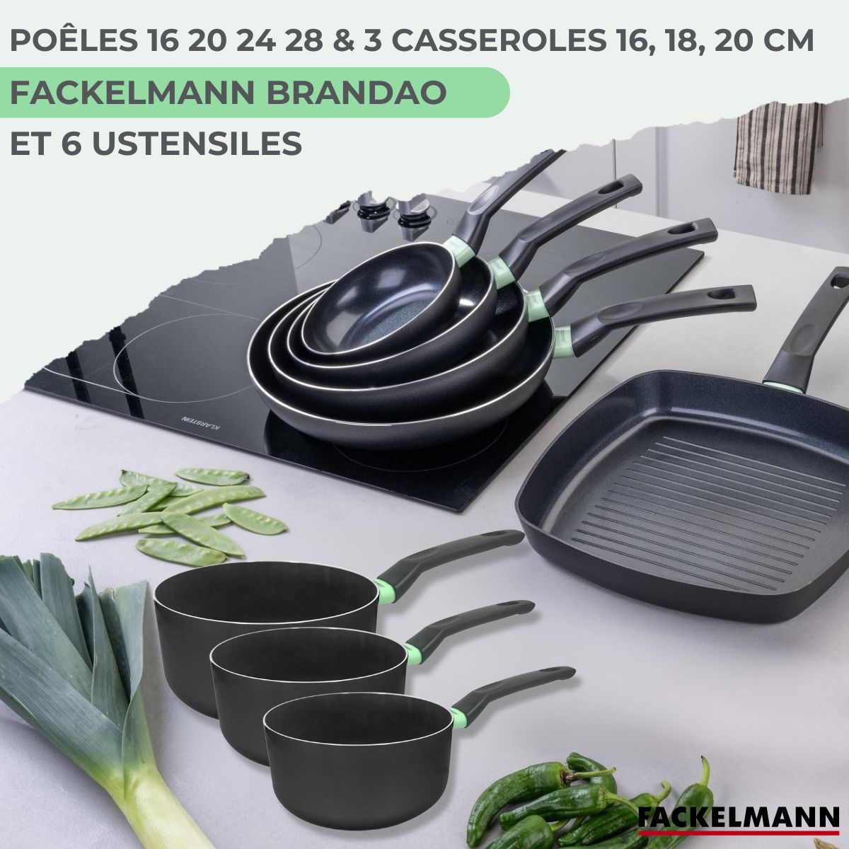 Batterie De Cuisine Avec 4 Poêles Et 3 Casseroles Avec 5 Ustensiles De Cuisine Sans Pfas Fackelmann Brandao Vario - Noir/Vert