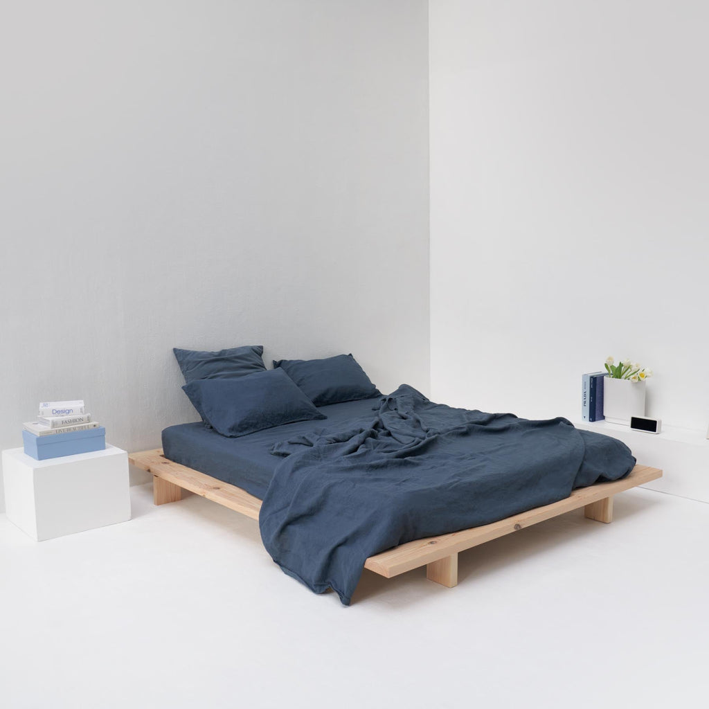Most high-end French storm blue washed linen flat sheet