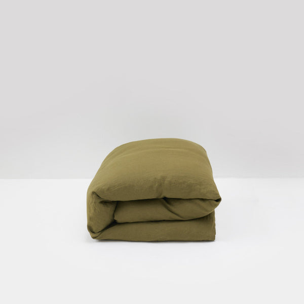 housse de couette qualite luxe hotel en lin lavé vert olive maison most