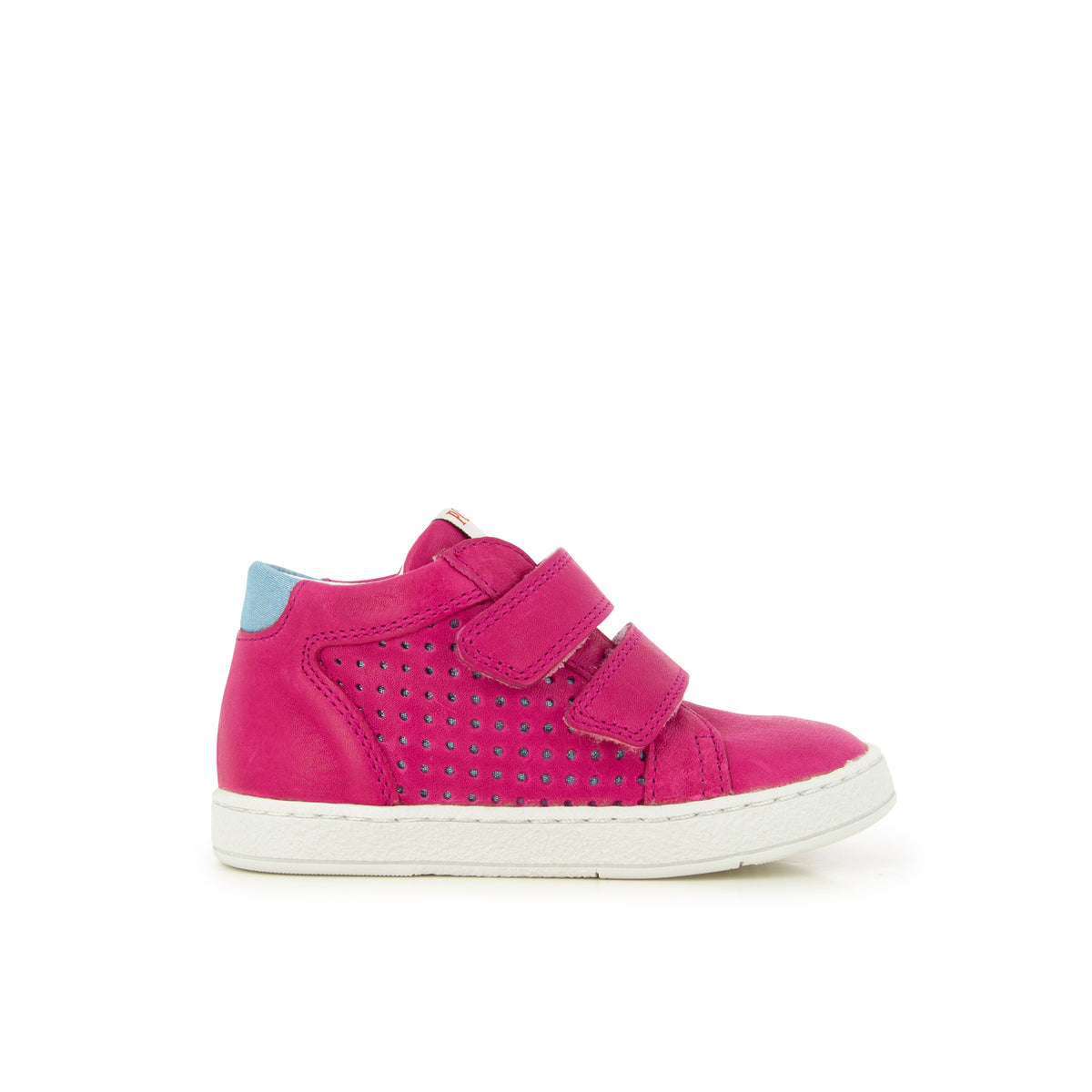 Pom d'Api – Pom D'Api - Mousse Dop - Fuchsia/Blauw, hoge fuchsia roze schoen van geperforeerd leer, zijaanzicht