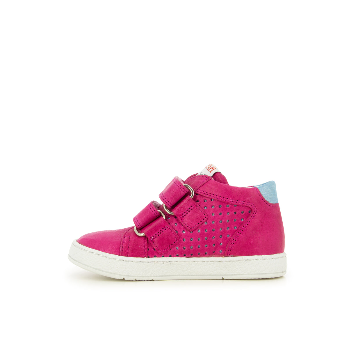 Pom d'Api – Pom D'Api - Mousse Dop - Fuchsia/Bleu, chaussure montante rose fuchsia avec deux scratchs et des perforations sur le côté